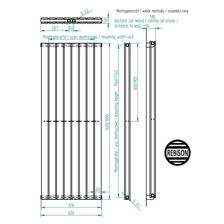 Grzejnik Julia 1600 Czarny podwójny - podłączenie dolne środkowe