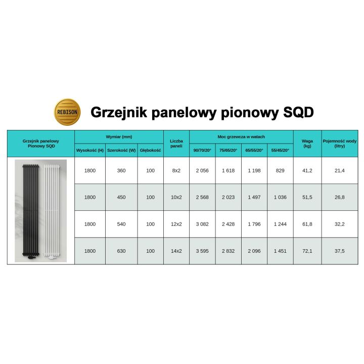 Grzejnik pionowy panelowy SQD 1800 - podłączenie dolne lewe / dolne prawe