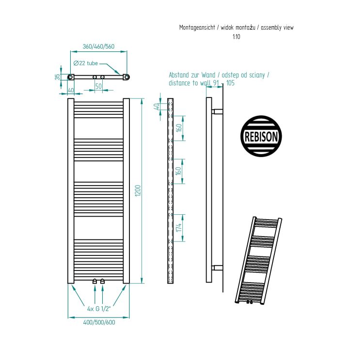 Grzejnik łazienkowy drabinkowy TRM 1200 czarny